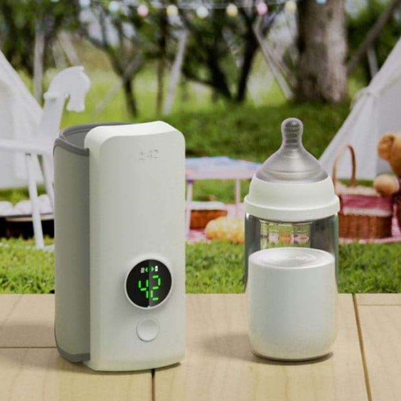 Rechargeable Baby Bottle Warmer by BestToU showing a compact, portable device warming a baby bottle for convenient feeding.